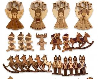 Everyone needs some Faith, Hope, Love & Joy in their lives.  Also shown are beautiful intarsia holiday ornaments.
