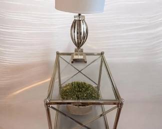 Chrome Lamp, Chrome And Glass Side Table And Faux Botanical