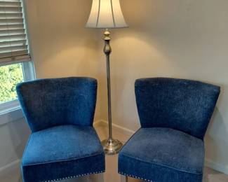 Lovely Pair Of Textured Accent Chairs And Polished Tall Lamp
