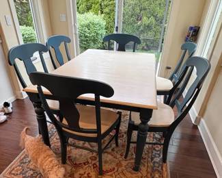 Blue And Cream Dining Table, Leaf And Six Chairs