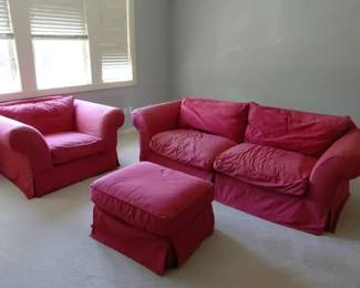 Comfortable Red Canvas Oversized Sofa, Chair And Ottoman