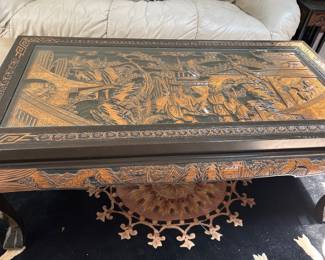 Matching HAND CARVED coffee table, stacking tables, chest & desk/chest