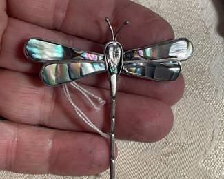 STERLING DRAGONFLY BROOCH  W/ ABALONE 