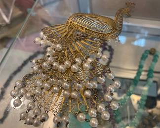 VINTAGE 4 TIERED PEACOCK BROOCH  FOR THE BOLD  RARE ESTATE FIND 