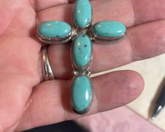 STERLING  AND TURQUOISE CROSS PENDANT 