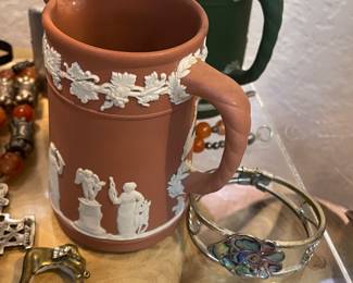 ANTIQUE WEDGEWOOD JASPERWARE SMALL PITCHERS  IN TERRA COTTA AND DARK GREEN 