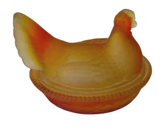 Satin Amberina Glass "Hen on Nest" candy dish