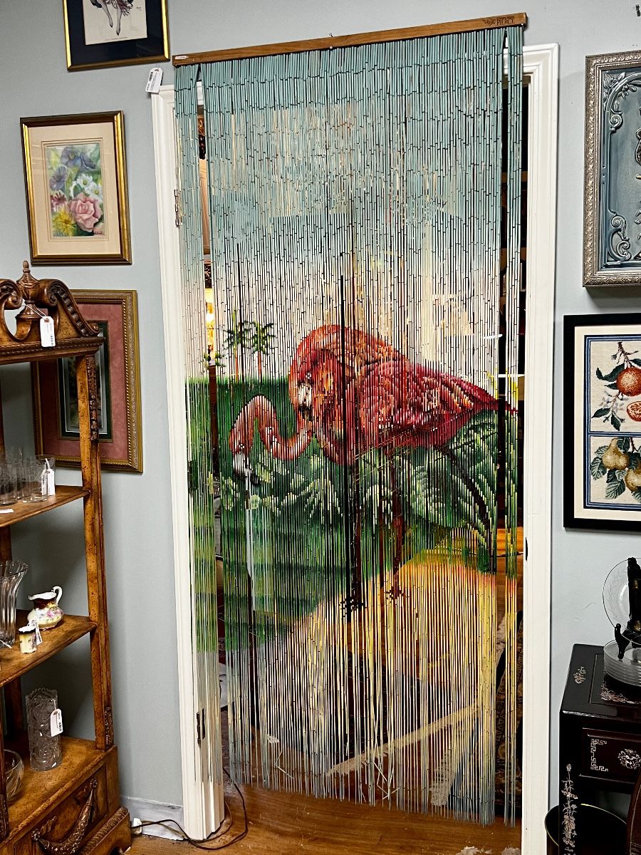 Hand-painted bamboo beaded curtain hand painted bamboo beaded boho-tropical doorway curtain, by Dylan Scott Pierce, made in Vietnam 
