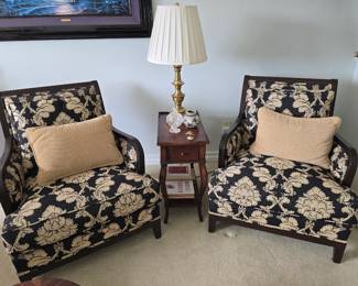 Ethan Allen black and tan upholstered black wood frame chairs