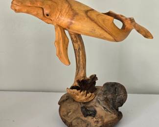 hand carved wood whale sculputer