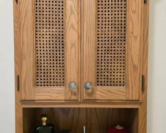 Vintage oak hanging cabinet with wicker doors