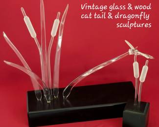 Vintage glass & wood cat tail and dragonfly sculptures