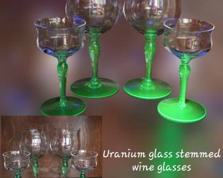 Uranium glass stemmed wine glasses