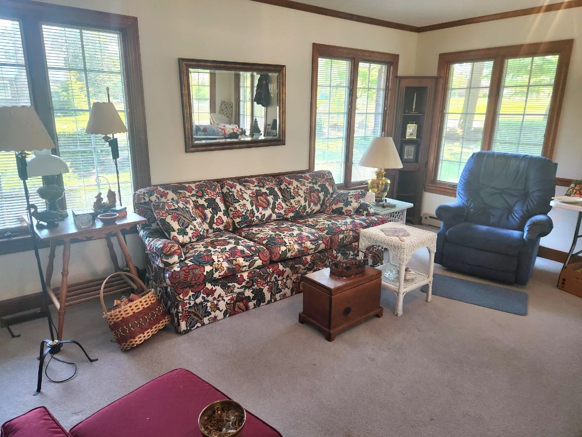 Traditional Sofa, Several Reclinders, Baskets, Wicker, Brass, Iron Lamps, Corner Cabinet