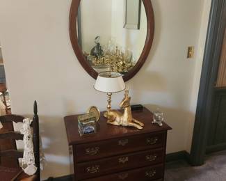 Oval Mirro, Baldwin Brass Lamp, Rabbit Ear Rocker, Hall Chest