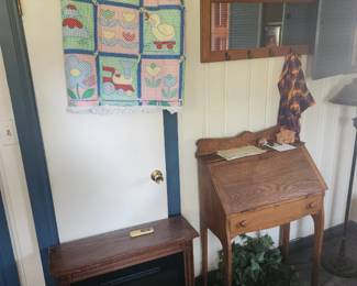 Mirror w/ Hat Hooks, Antique Desk, Heater, Quilt, Vintage Dress