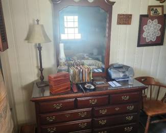 Mahogany Dresser w/ Mirror, 45 RPM Records, Local Advertising Cedar Chests, Framed Crochet, 
