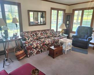 Traditional Sofa, Several Reclinders, Baskets, Wicker, Brass, Iron Lamps, Corner Cabinet