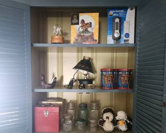 Vintage Canning Jars, Duck or Goose Decor, Patriotic Bookends, 45RPM Records, Tole Lamp, Carousel Collectibles