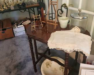 Art Deco Era Radio Table, Antique Basin, Linens, 