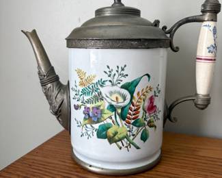 Manning, Bowman & Co. enamel & pewter coffee pot. 19th Century - ornate design 