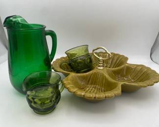 Green California Pottery Divided Serving Dish with Green Glass Pitchers