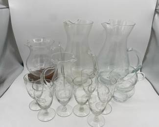 Two Large Princess House Pitchers with Two Smaller Pitchers Two Creamers 7 Glasses and Swizzle