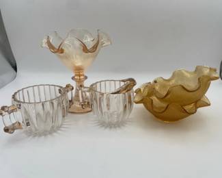 Jeanette Glass Sugar and Creamer Set with Glass Pedestal Bowl and Two Ruffled Bowls
