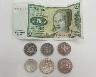 Funf Deutschmark Bill with Six Czech Coins