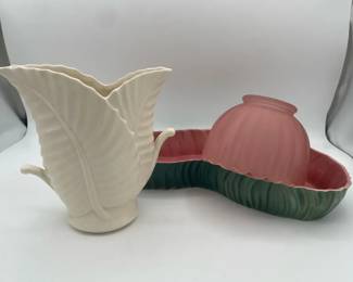 Maddux Of California Dish with Red Wing Leaf Planter and Pink Glass Light Shade