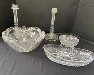 Etched Glass Tulip Serving Bowl Candle Stick Set and 2 Serving Bowls
