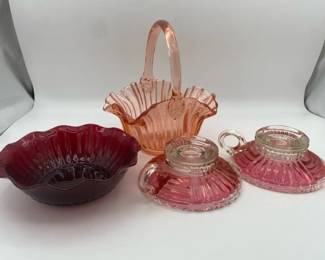 Pair of Jeanette Glass Candle Holders with Anchor Hocking Red Glass Bowl and Pink Glass Basket