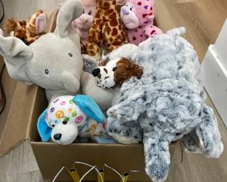 Box Of Mixed Stuffed Animals With Build A Bear Stands Shoes