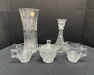 Princess House Vase Plus Etched Glass Cream And Sugar Set and Candle Holder