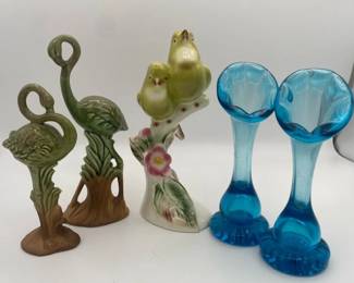 Clay Sketches Birds and Flower Bud Vase with Made In Japan Green Flamingos and Blue Glass Bud Vases