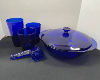 Cobalt Blue Glass Pipe 6 Toothpick Holder Tumblers Casserole Dish With Lid