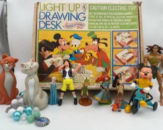 Vintage Disney Light Up Drawing Desk with Disney Figures including Elsa Figure and Necklace