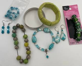 Blue Green and Silvertone Bracelets Beads and Earrings