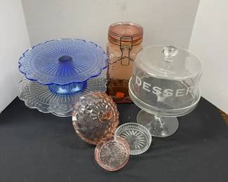 Vintage Crownford Pink Glass Jar Cake Stands Dessert Etched Cake Stand Coasters