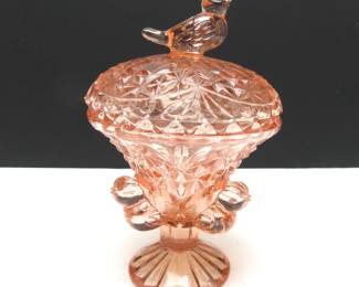 Vintage Hofbauer "Byrdes" Pink Cut Glass Footed Trinket Dish With Lid