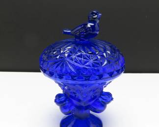 Vintage Hofbauer "Byrdes" Cobalt Blue Cut Glass Footed Trinket Dish With Lid