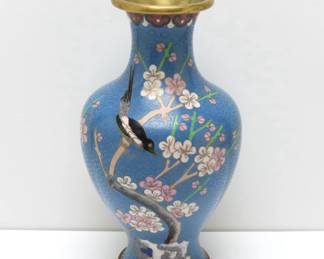 Vintage Cloisonné Enamel Cherry Blossoms & Songbird Vase