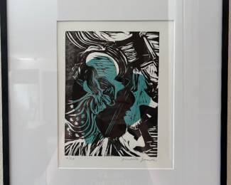 Abstract linocut print of a violin in black and turquoise by Chicago artist Judith Joseph