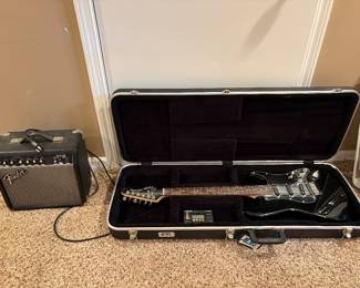 Fender Squire electric guitar with case and amp