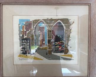 Mid-century modern lithograph of Old South Church in Boston by Ronald Julius Christensen