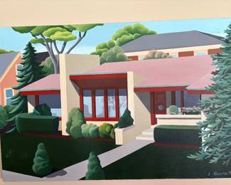 Post Modern painting of a mid-century modern house in pinks and greens, signed and dated by J. Scoma