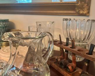 Vintage pipes, glassware, and entertaining pieces