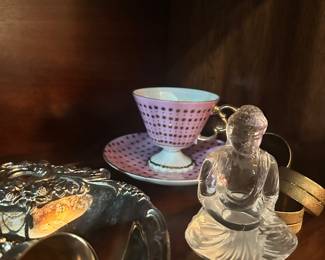 Vintage teacups, crystal, and collectibles