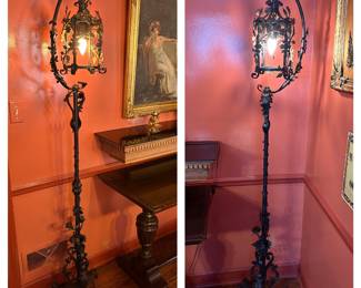 A pair of fabulous wrought iron Baroque style lantern torcheres, antique