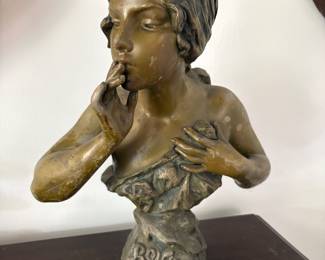 After Emmanuel Villanis (1858-1914), a patinated spelter bust "Bonjour", circa 1910, Art Nouveau style